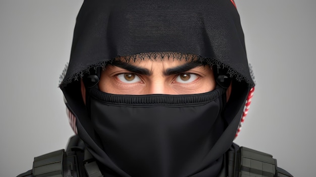 A man wearing a mask and a hood with the word police on it.