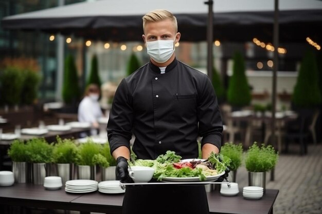 Photo a man wearing a mask is holding a tray of food