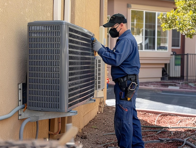 a man wearing a mask is working on a vent near a house