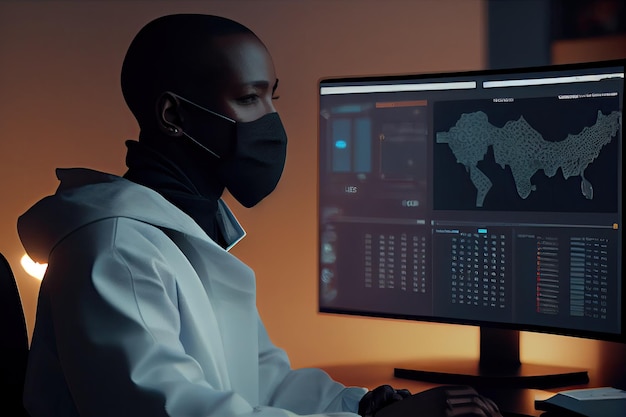 A man wearing a mask looking at a computer screen