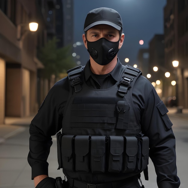 a man wearing a mask that says  security  on it