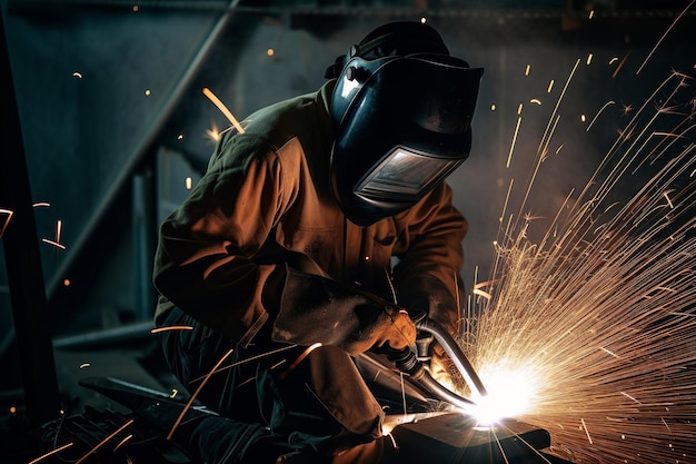 A man wearing a mask and a welding mask works on a piece of metal.