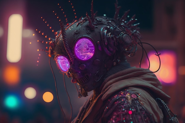 A man wearing a mask with purple lights on it