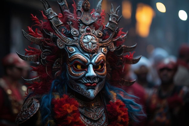 a man wearing a mask with red and blue feathers