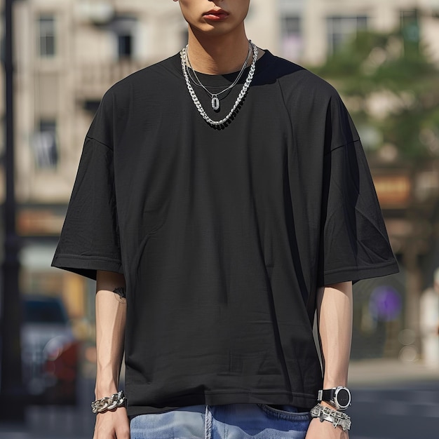 Photo a man wearing a necklace and a necklace is standing on a street