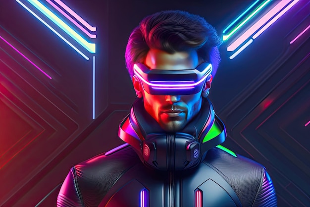 A man wearing a neon futuristic glasses stands in front of a neon sign