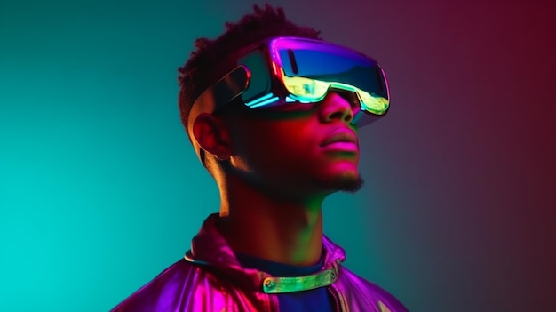 A man wearing a neon glow glasses that says vr on the front