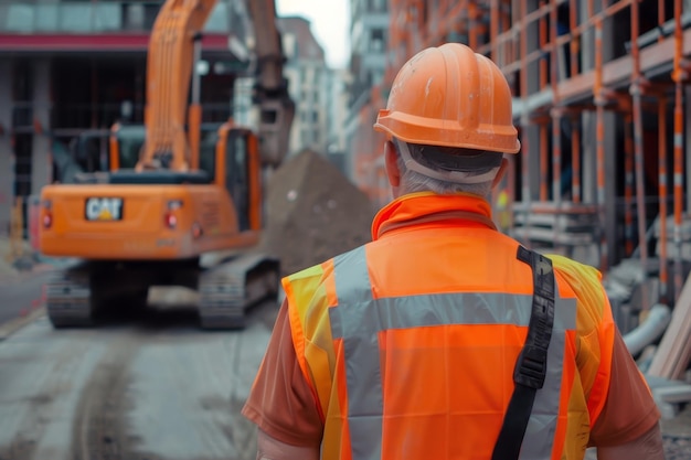 a man wearing an orange hard hat is walking down a construction site