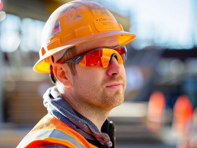 Photo a man wearing an orange hard hat and sunglasses is wearing an orange safety vest