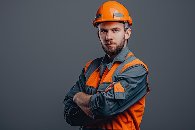 a man wearing an orange hard hat with his arms crossed