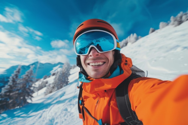 A man wearing an orange jacket and goggles takes a selfie outdoors