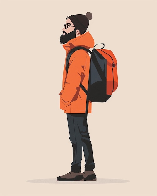 Photo a man wearing a orange jacket with a backpack and a backpack