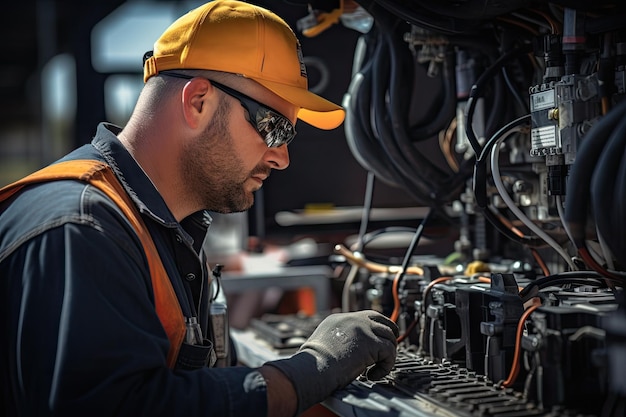 A man wearing an orange shirt and yellow hard hatengaged in the maintenance of a substantial engine