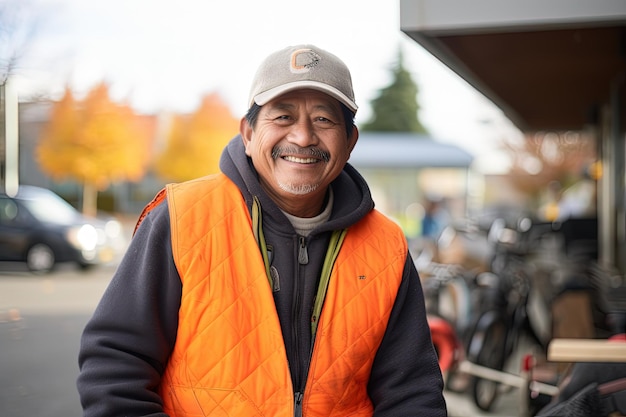 A man wearing an orange vest and a hat