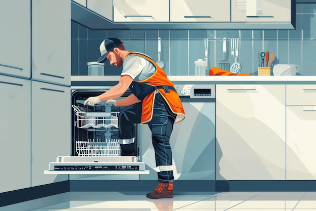 A man wearing an orange vest is loading a dish into the dishwasher in a kitchen setting An illustration of a handyman diagnosing a dishwasher error code