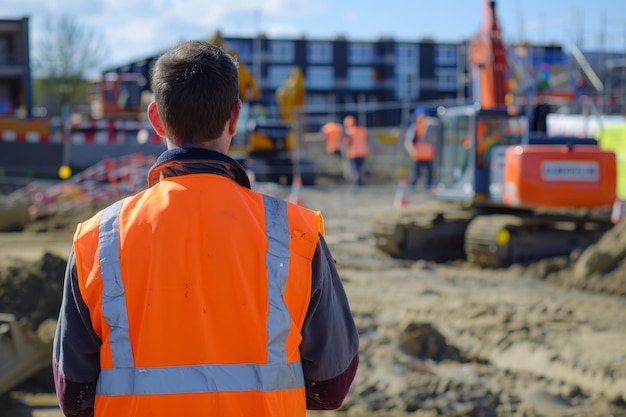 a man wearing an orange vest stands in front of a construction site