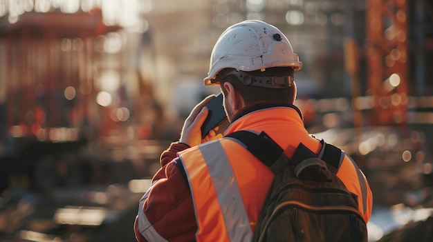 a man wearing an orange vest and a white helmet is talking on a cell phone