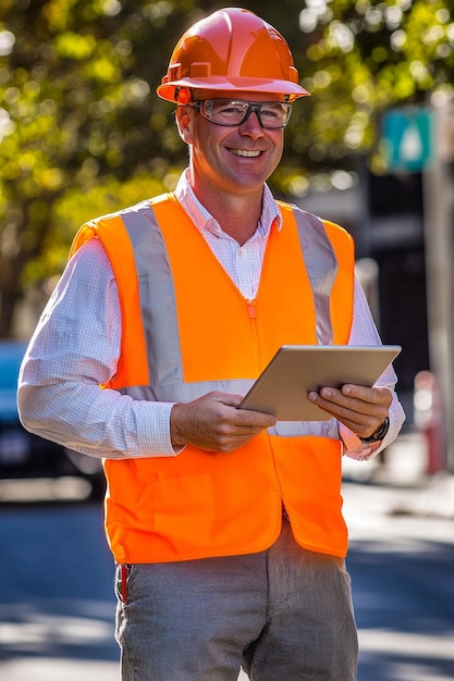 a man wearing an orange vest with a sign that says quot happy man quot