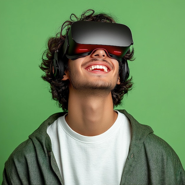 Photo a man wearing a pair of virtual reality glasses is wearing a green background