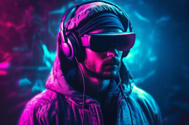 A man wearing a pair of vr glasses with a neon background.