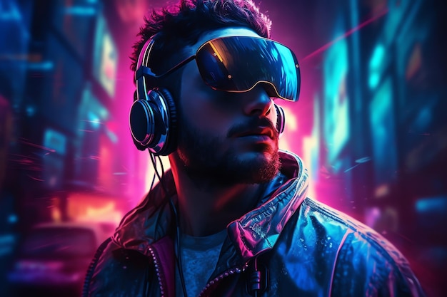 A man wearing a pair of vr glasses with the word vr on it.