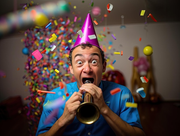 Man wearing a party hat and blowing a trumpet at a New Year's party filled with confetti falls