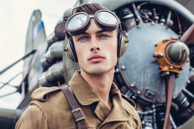 Photo man wearing pilot uniform and aviators waisthigh photography in the center of photo airplane backgr