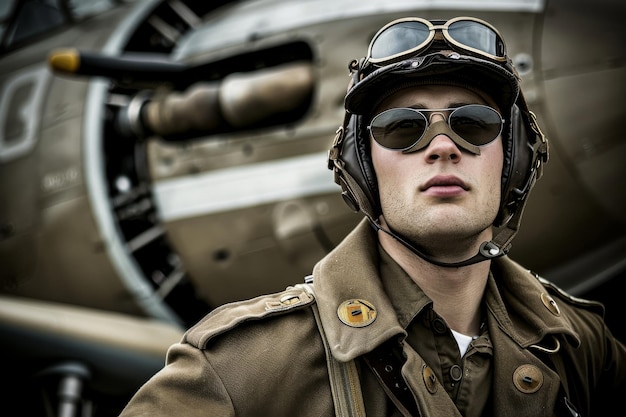 Photo man wearing pilot uniform and aviators waisthigh photography in the center of photo airplane backgr