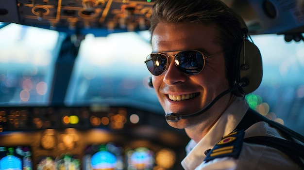 a man wearing a pilots uniform is smiling while wearing sunglasses