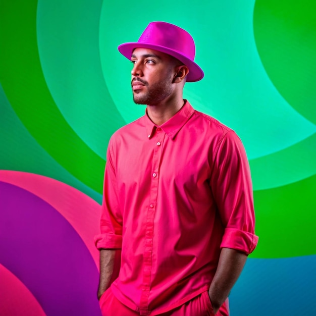 Photo a man wearing a pink hat and a pink hat stands in front of a colorful background