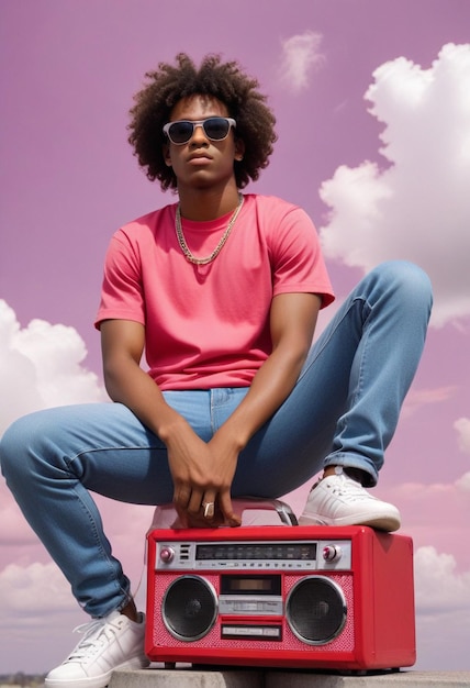 a man wearing a pink shirt and sunglasses sits on a red box