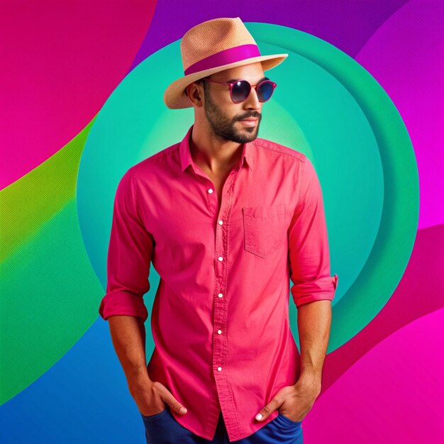 a man wearing a pink shirt and sunglasses stands in front of a colorful background