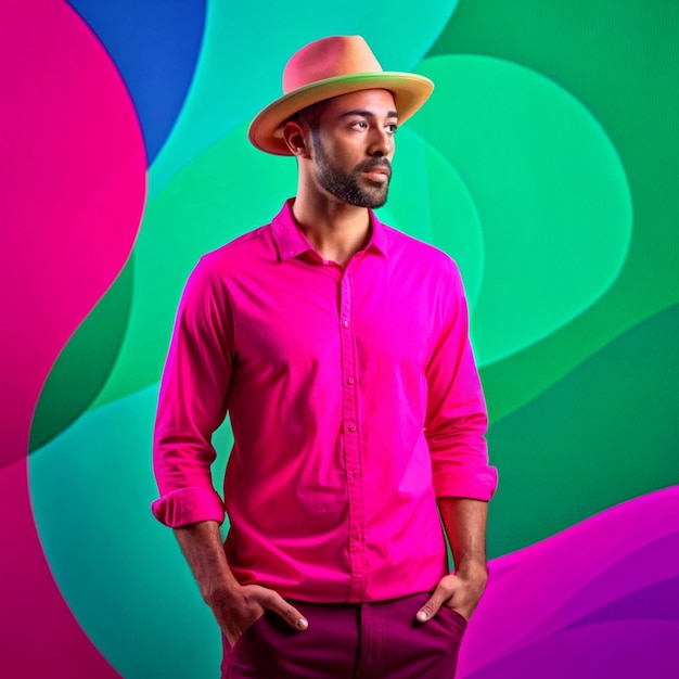 Photo a man wearing a pink shirt with a colorful background of a colorful background