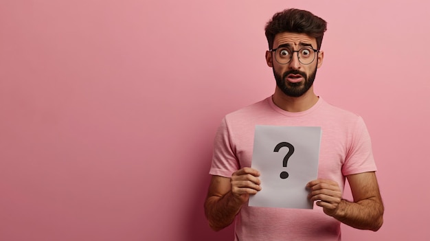 Photo a man wearing a pink shirt with a question mark on it