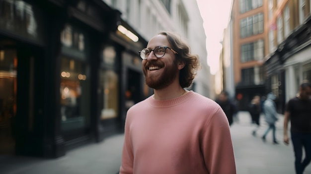 A man wearing a pink sweater smiles on a street.