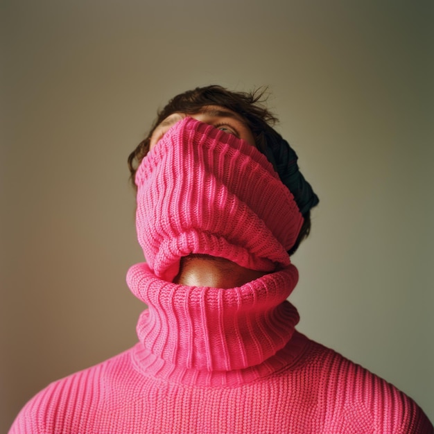 Photo a man wearing a pink sweater with a pink sweater over his mouth