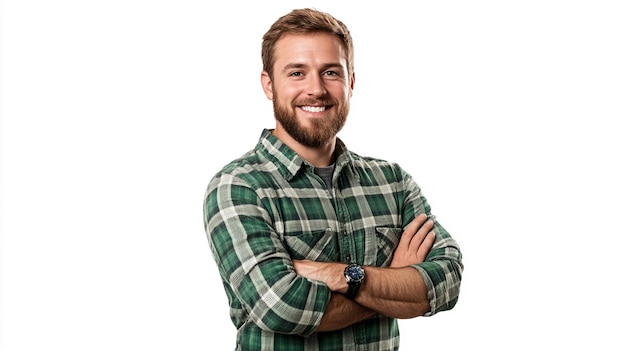 Photo a man wearing a plaid shirt that says quot a quot on it