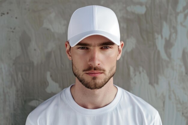 Photo man wearing plain white cap and shirt for mockup fashion model male with white cap and neutral background