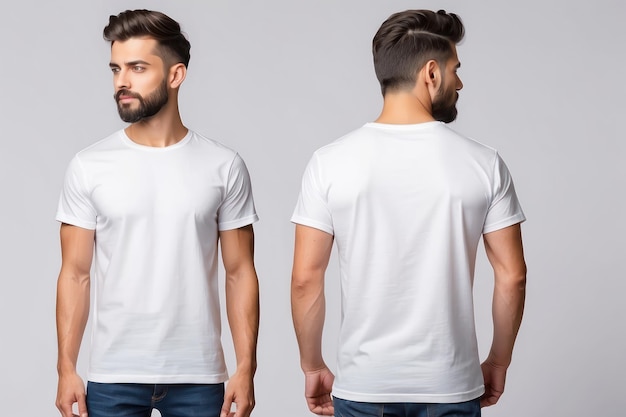 Man wearing a plain white tshirt front and back view in a studio setting for fashion concept