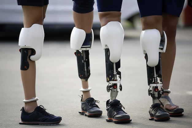 A man wearing a prosthetic leg stands next to another man wearing a pair of prosthetics.