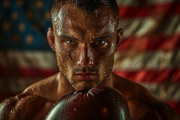 Man Wearing Punching Glove in Front of American Flag