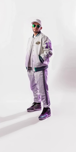 Photo a man wearing a purple jacket and a purple jacket with a tag on it