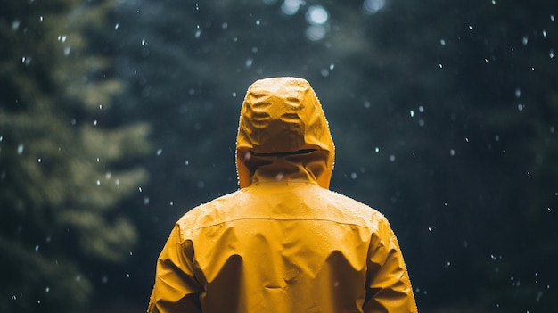 Photo a man wearing raincoat on rainy day