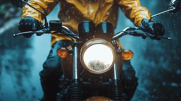 Photo a man wearing raincoat and riding a motorcycle during rainy day on busy road