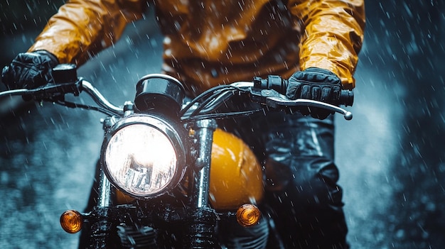 Photo a man wearing raincoat and riding a motorcycle during rainy day on busy road