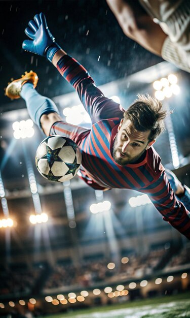 Photo a man wearing a red and blue striped shirt is jumping in the air with a soccer ball