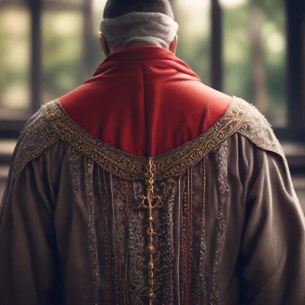 Photo a man wearing a red cape with a gold cross on it