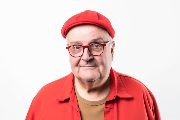 A man wearing a red hat and glasses stands in front of a white background