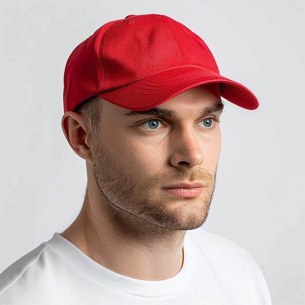 Photo a man wearing a red hat that says he is wearing a white shirt