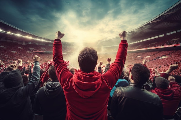 A man wearing a red hoodie stands confidently in front of a large crowd at a stadium Rear view of cheering football fans in stadium AI Generated